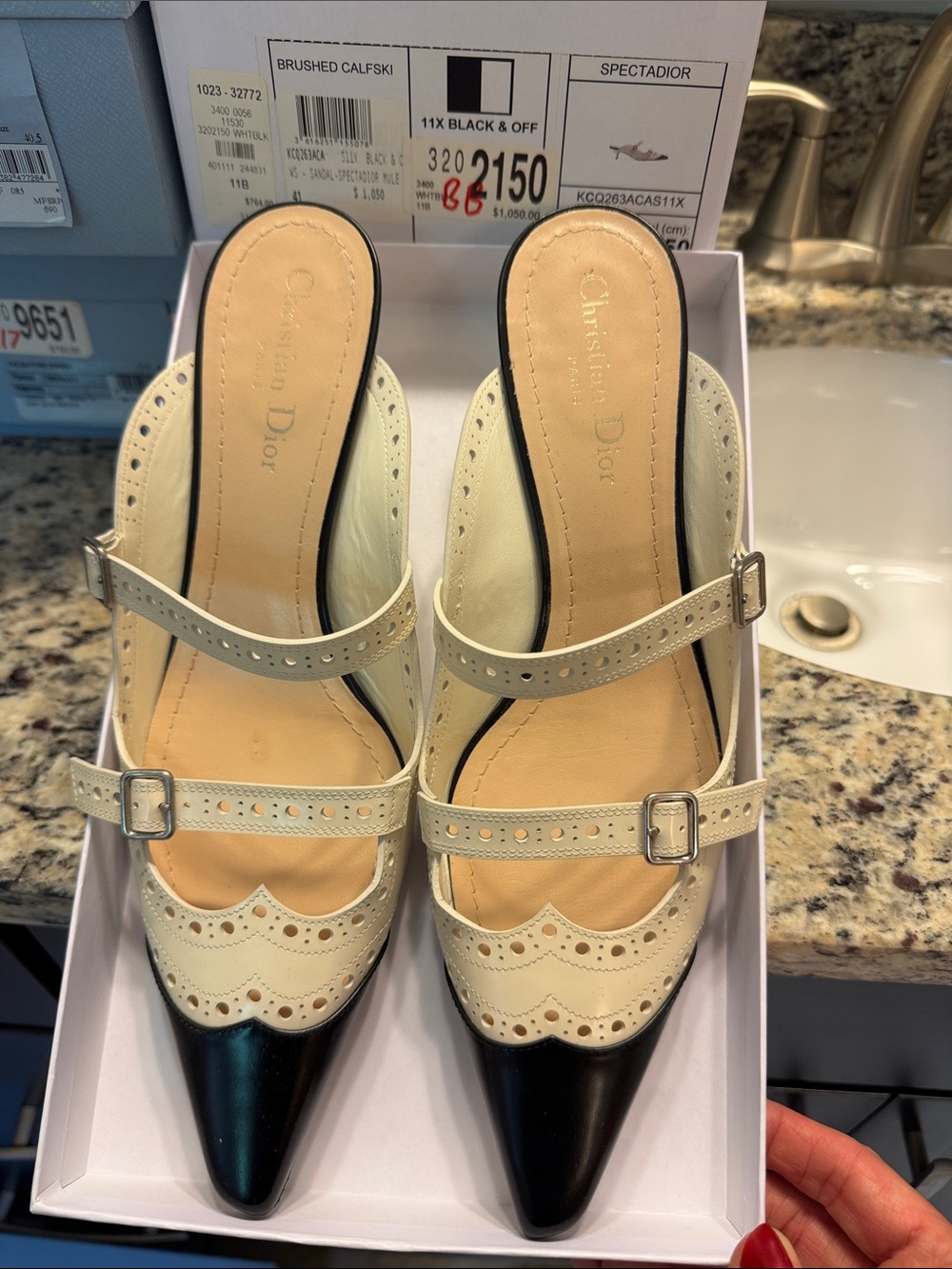 Dior Two-Tone Pointed Mary Jane Mules in Cream and Black 41